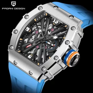 VH65 Movt Skeleton Dial 100M Waterproof Sport Rectangle Sapphire Glass Watch for Men