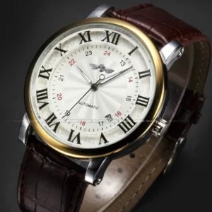 Rome Number Fashion Men Automatic Mechanical Calendar Leather Watch Clock