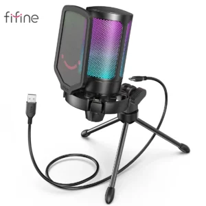 FIFINE RGB Condenser Microphone, Gain Control for Podcasts